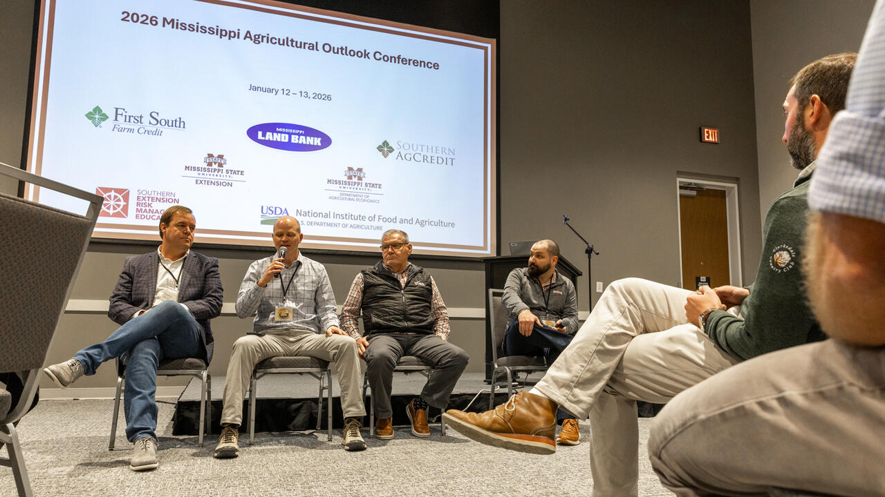 A panel of four speakers sits on a stage in front of a large presentation screen while attendees seated in the foreground listen. The screen displays the conference title, dates, and logos of participating organizations.