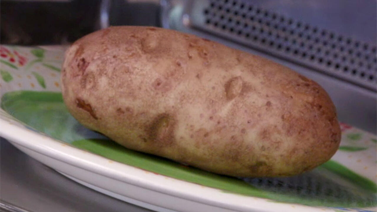A close-up of a large brown Russet potato on a green plate with a white rim inside a microwave oven.