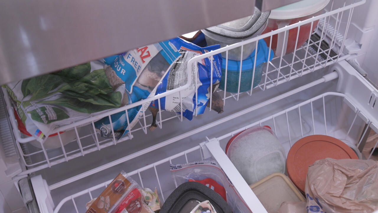 Frozen foods sit in the freezer.