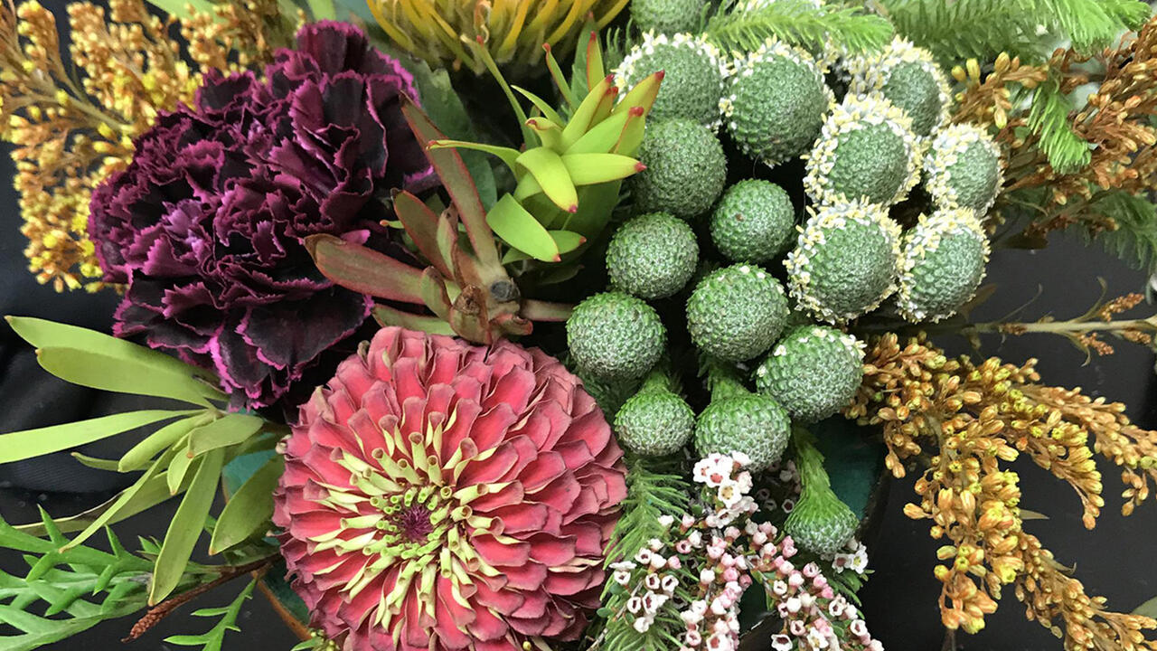 Closeup of a floral arrangement.