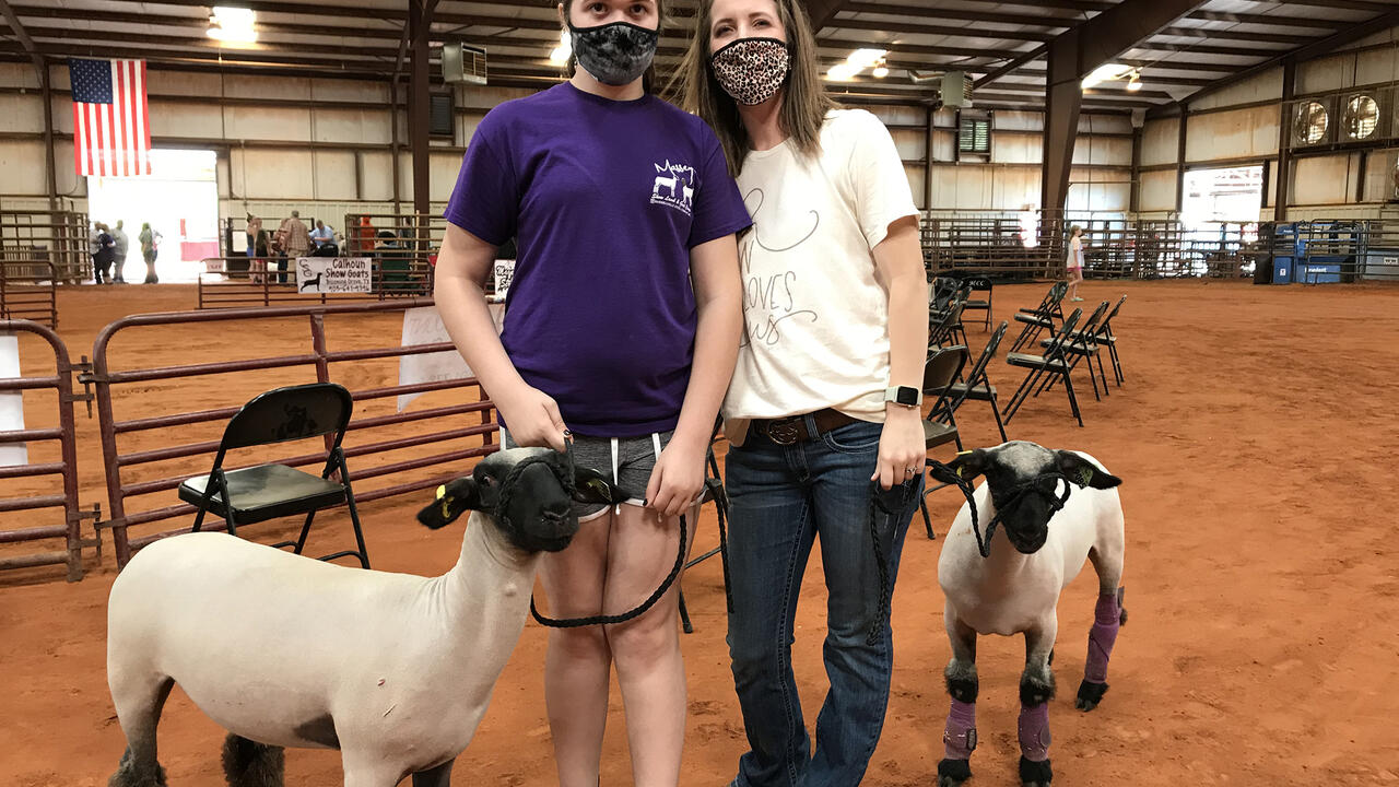 A daughter and her mother wearing masks in a rodeo building with two lambs leashed beside them.