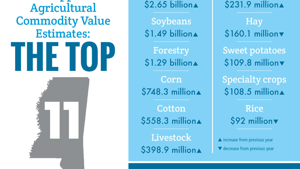 A chart lists the value of the top 11 agricultural commodities in Mississippi.