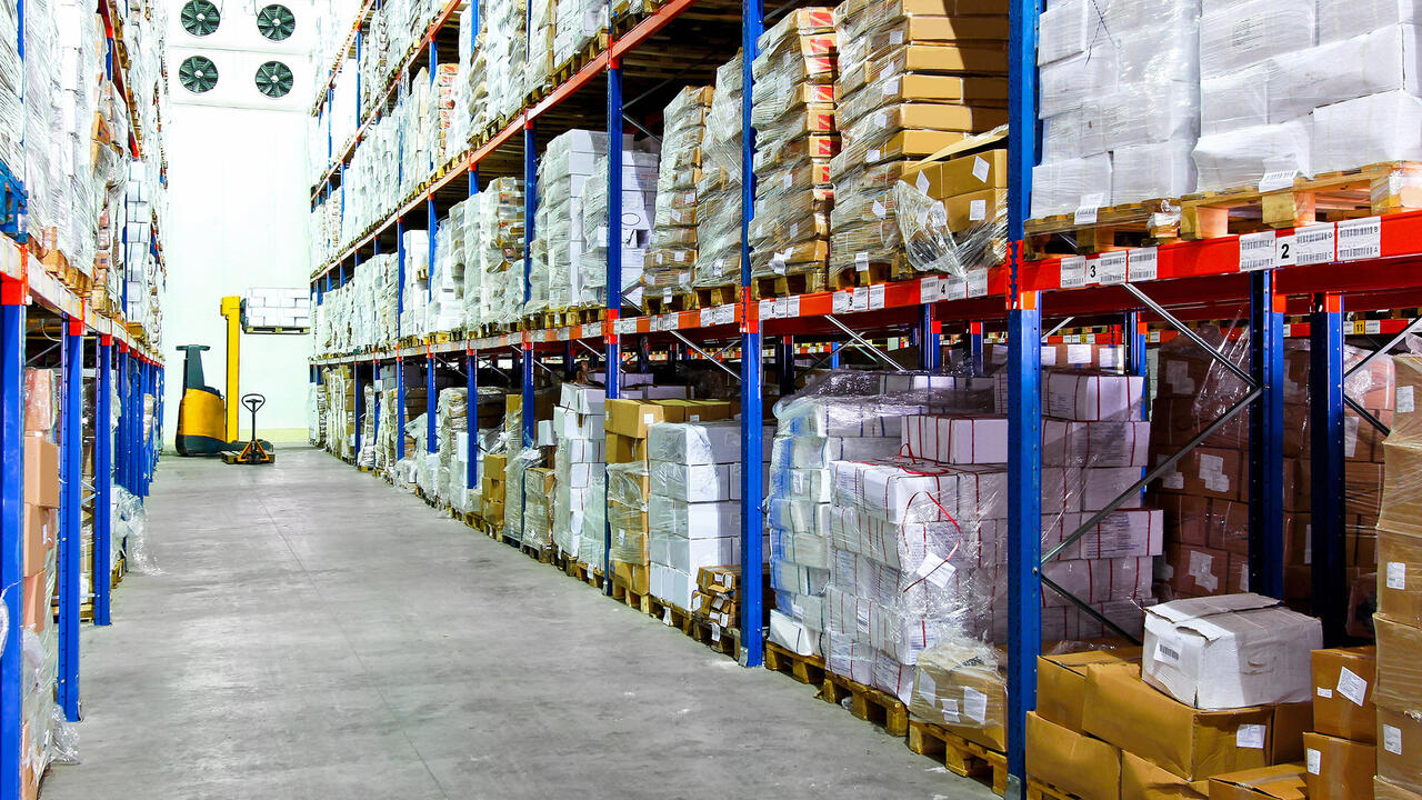 Frozen food at shelves in cold warehouse