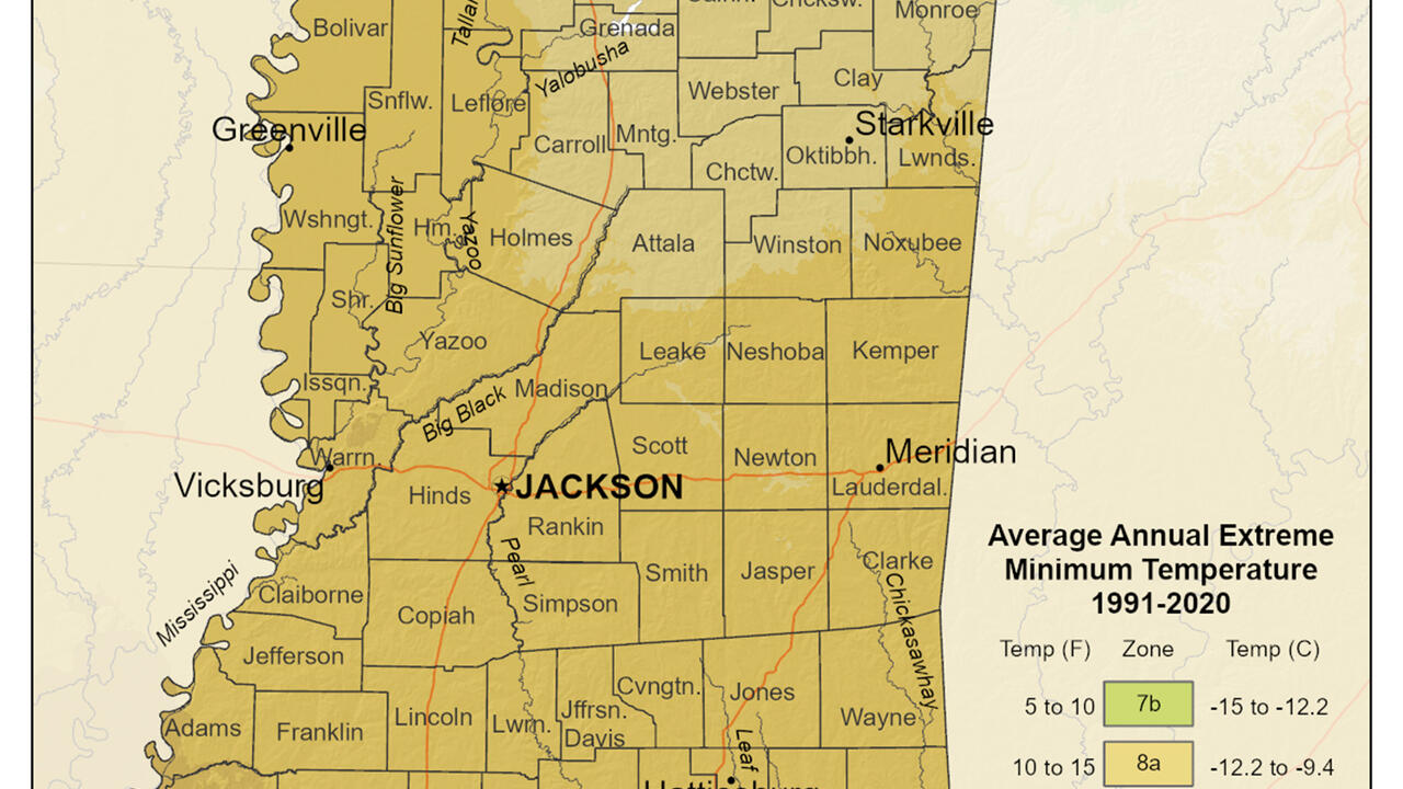 A map shows plant hardiness zones in Mississippi.