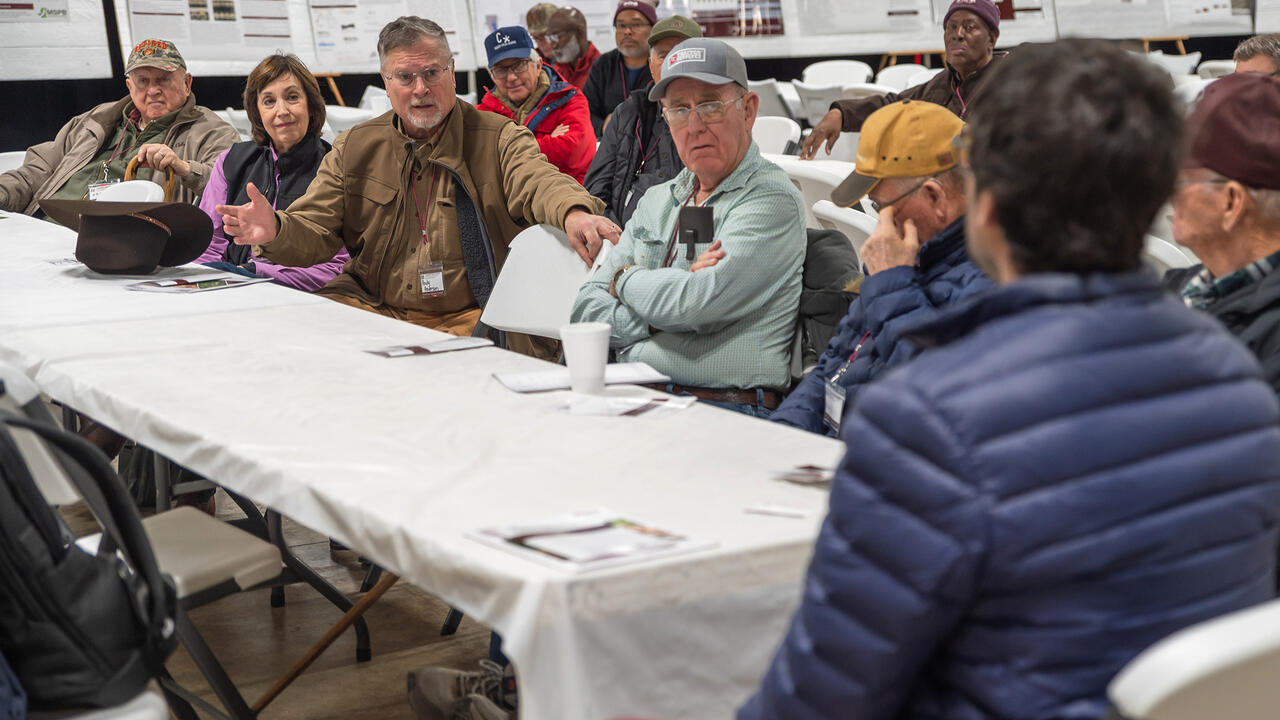 Small groups of people sitting at tables having discussions