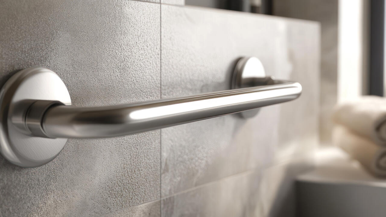 Closeup of stainless steel safety grab bar in a bathroom.
