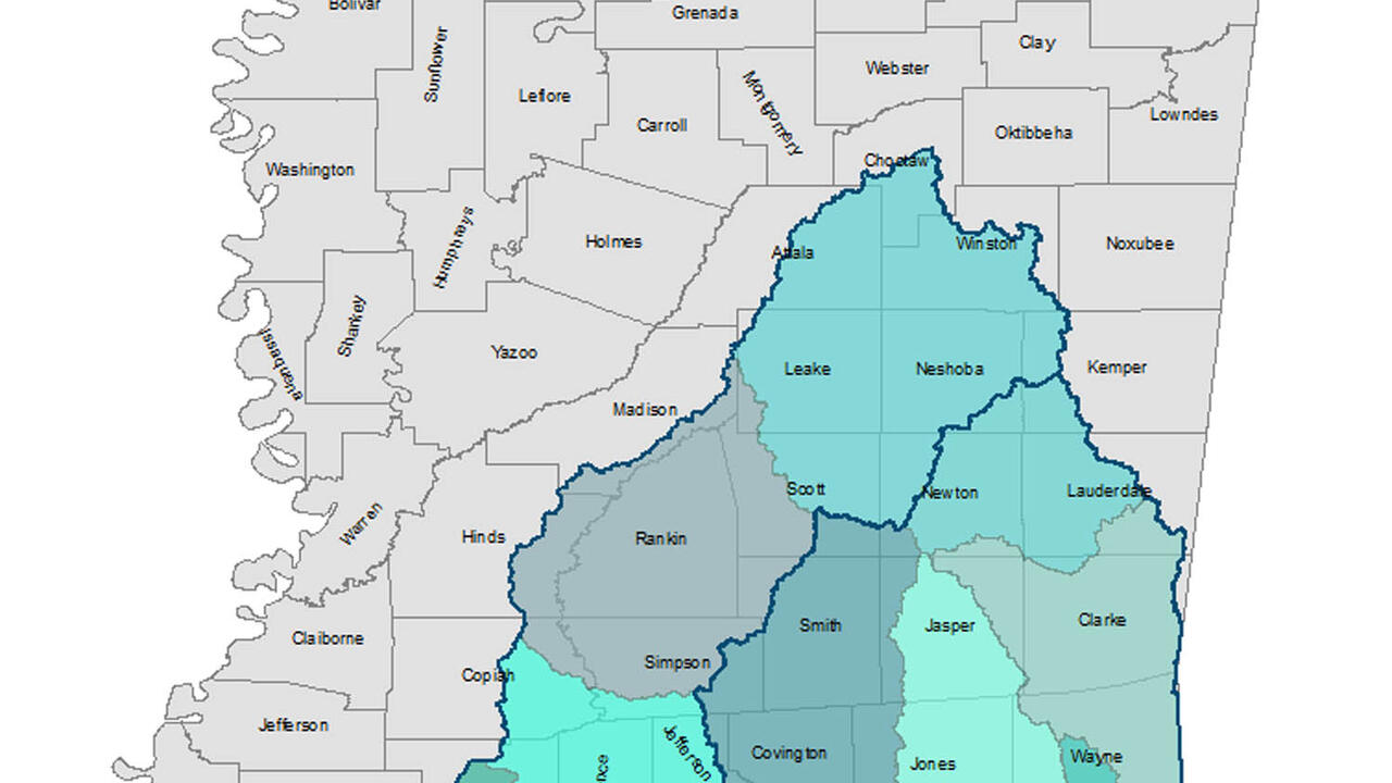 A map of the state of Mississippi with subbasins of the Mississippi Sound watershed highlighted in various shades of blue.