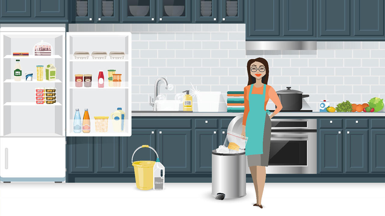 A graphic depicts a woman preparing to clean a refrigerator after storing a recalled food item.