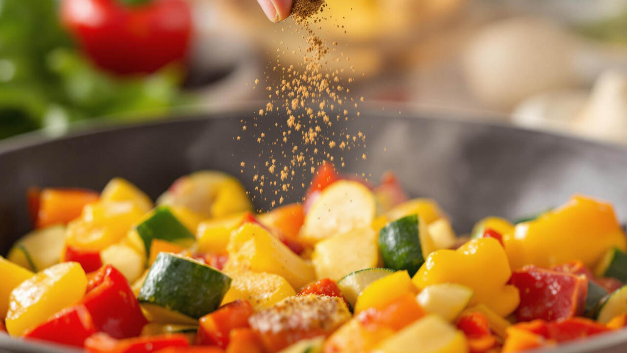 Seasoning beings sprinkled on veggies in a pan