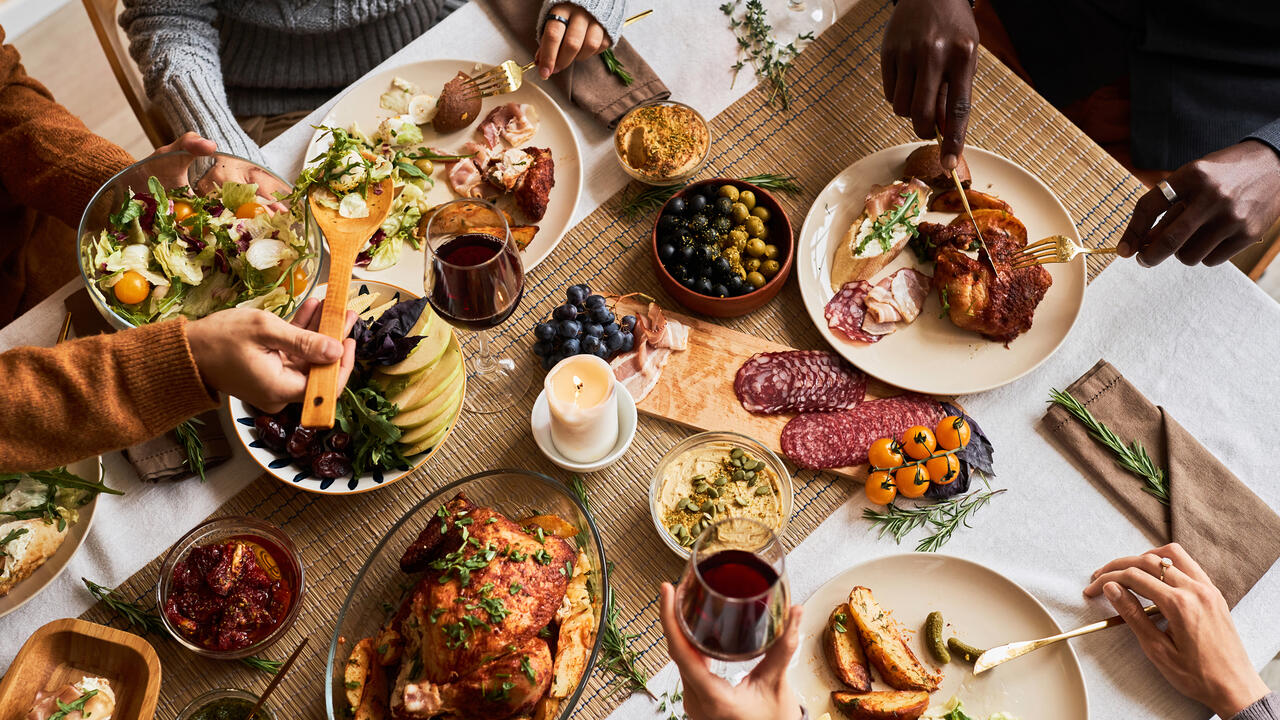 Thanksgiving food on a table.
