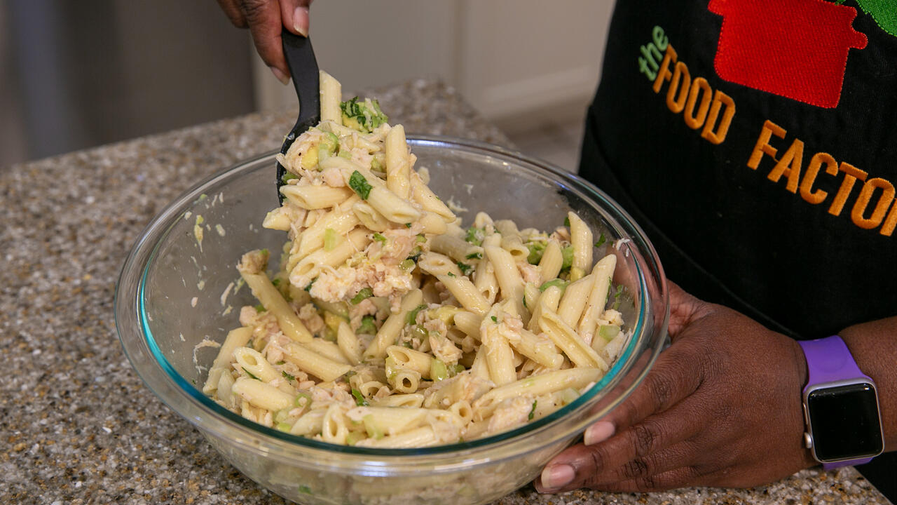 A closeup of California Chicken Pasta Salad in a bowl.
