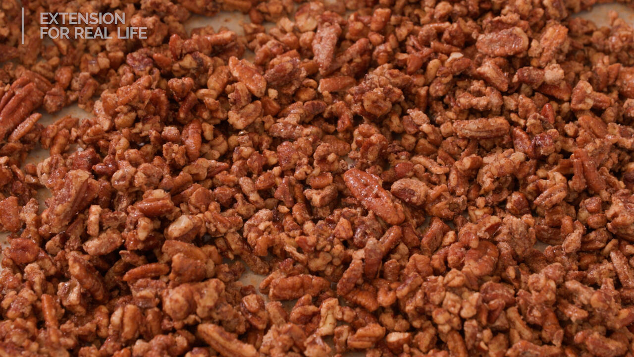 close up of cinnamon spice candied pecans