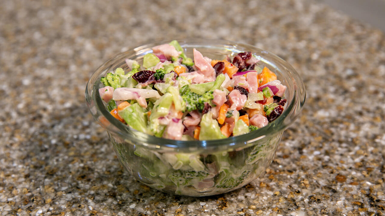 A bowl of Broccoli and Everything Salad