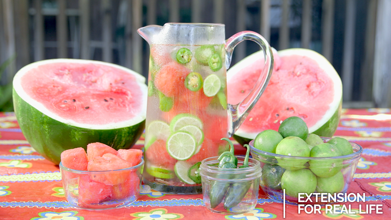 A pitcher of iced, flavored water sits in the center of a halved watermelon, bowls of cubed watermelon, limes and jalapenos.