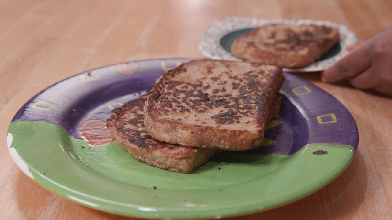 slices of French toast on a colorful plate