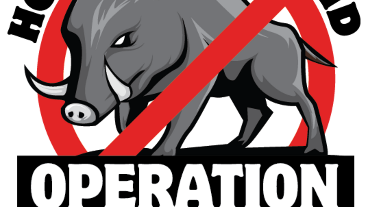 :Black, white, and red logo showing a stylized wild hog with a red circle and a diagonal line across. Text reads Hold Our Ground Operation H.O.G.