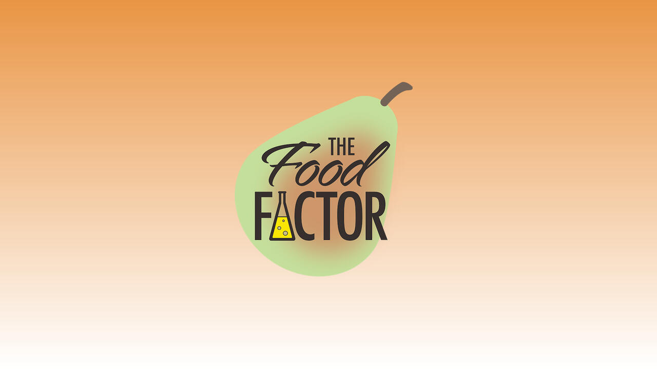 The Food Factor logo is a light green pear with a chemistry beaker in the place of the A in the title, The Food Factor, on a peach-colored background. 