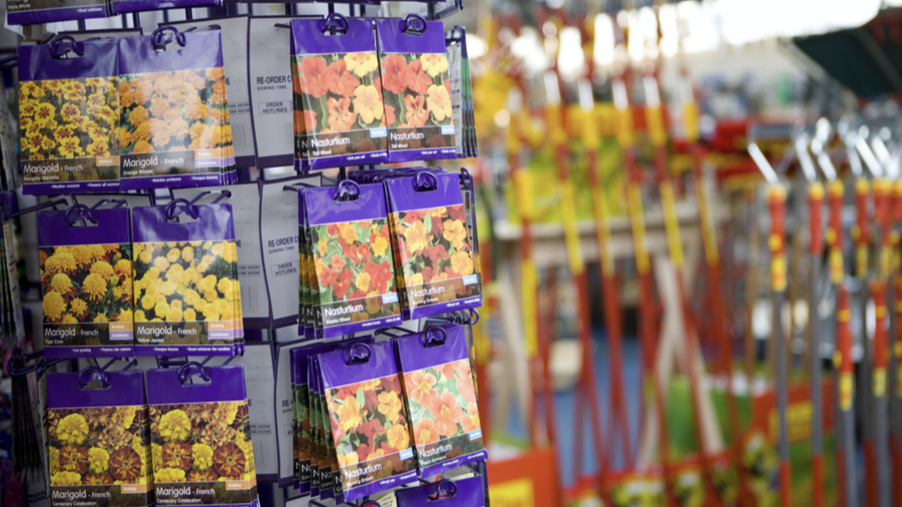 Seed packets on a display in a garden store.