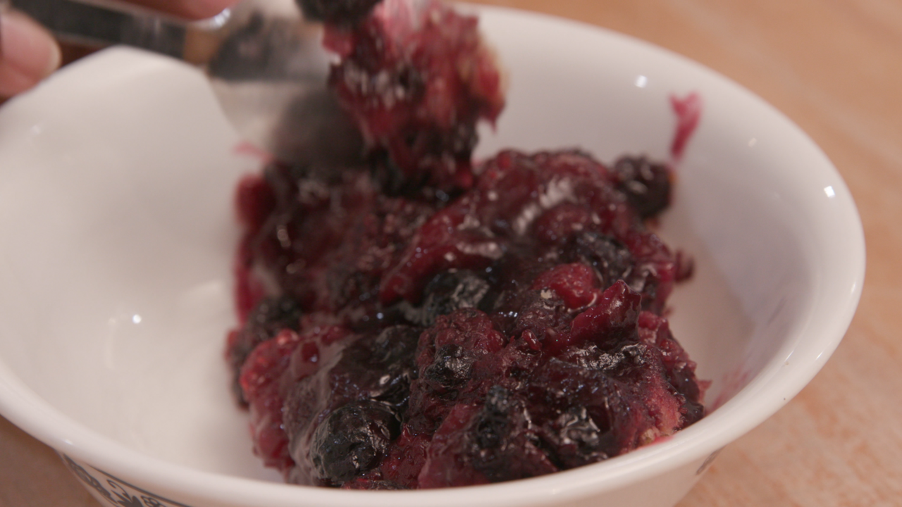 berry cobbler in a bowl.