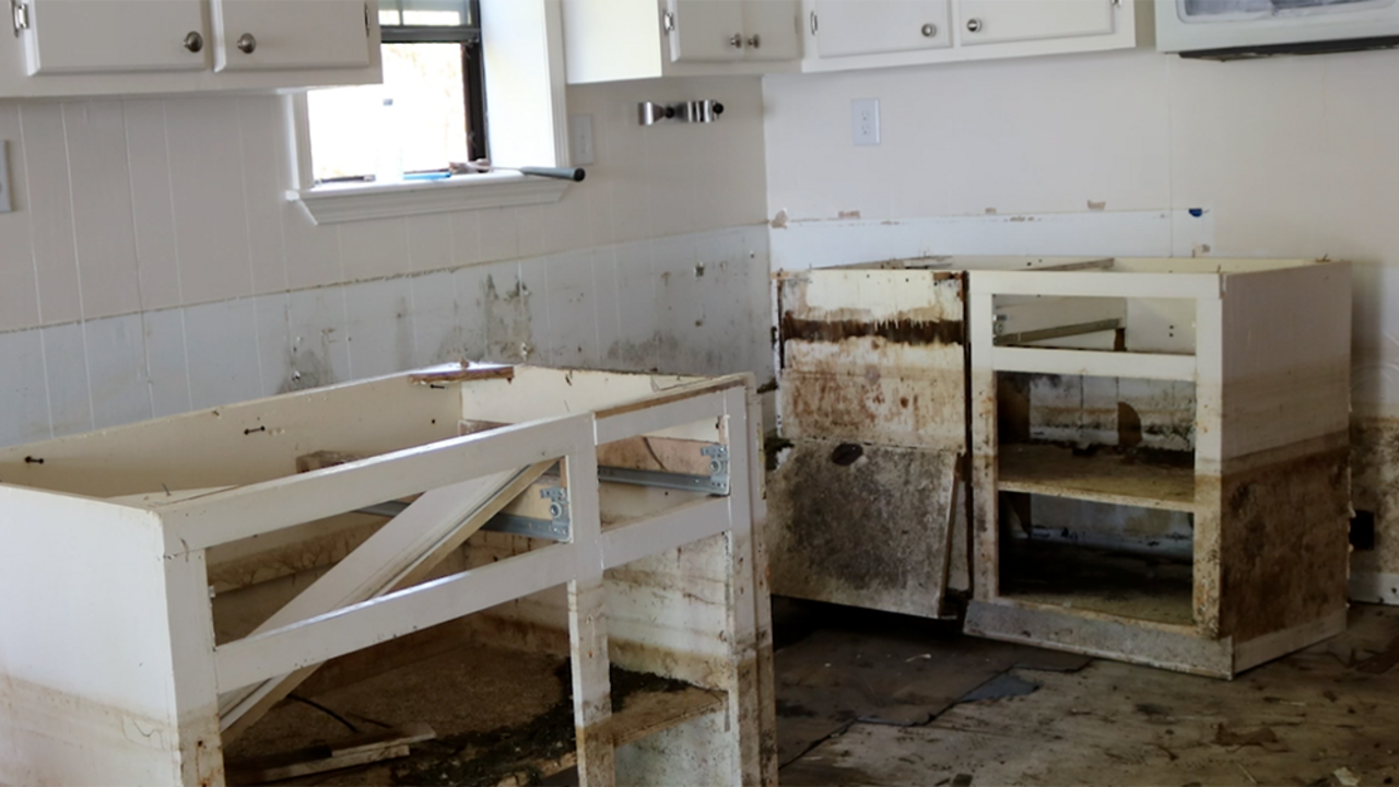 A kitchen with white walls and cabinets shows severe flood damage, including mold damage, on floors and cabinets with doors and drawers removed.