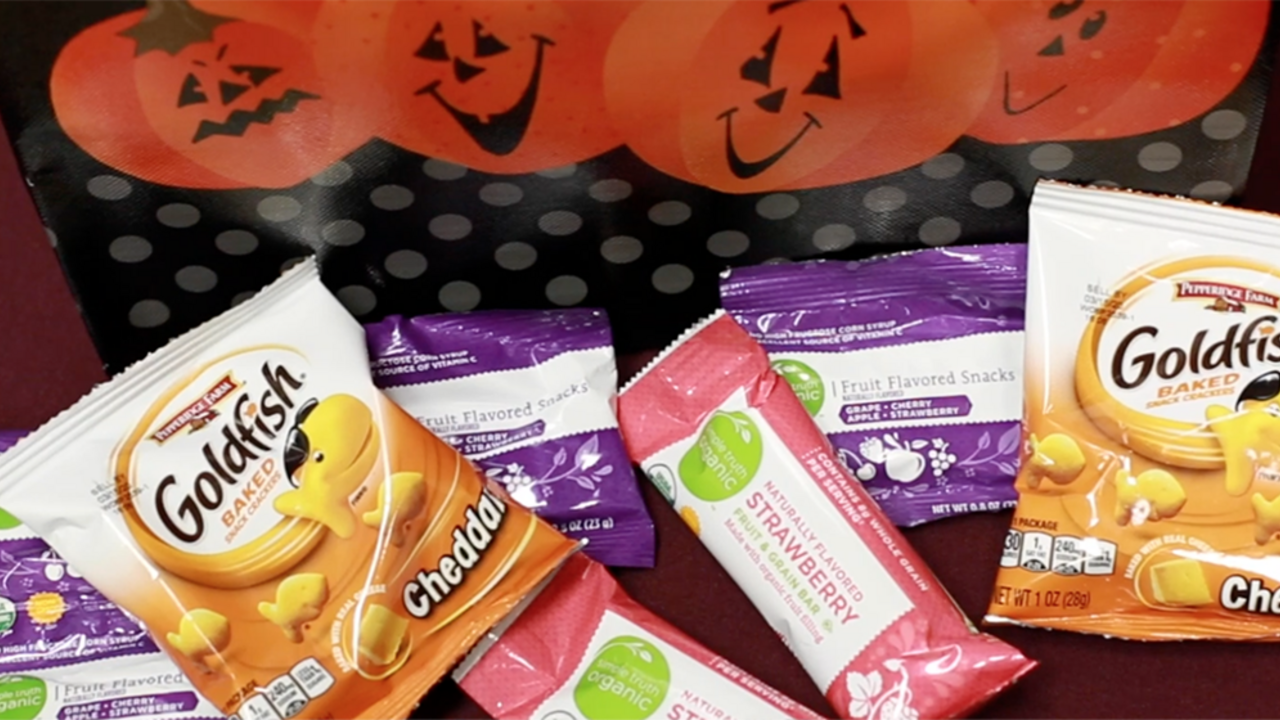 A display of healthy treats for Halloween.