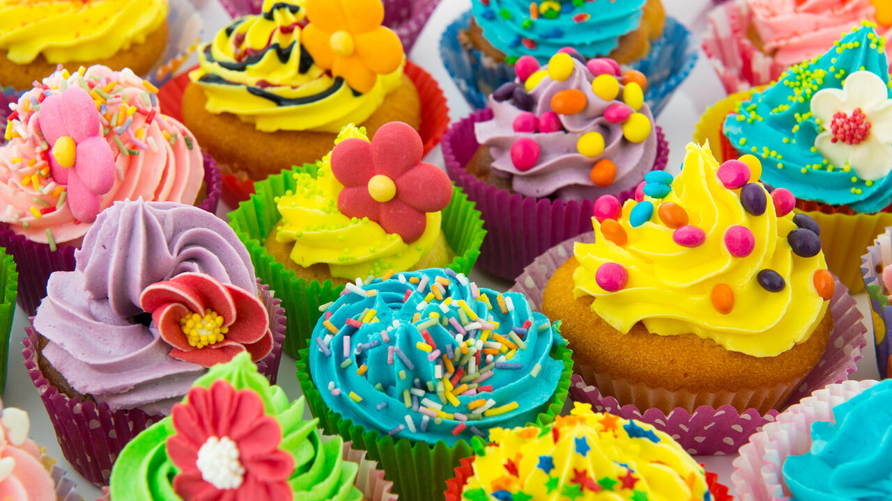 closeup of colorful, decorated cupcakes
