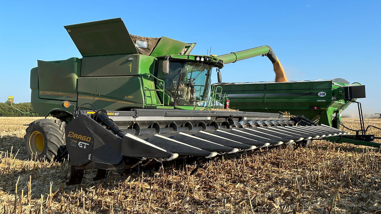 A piece of green farm machinery transfers corn to a bin.