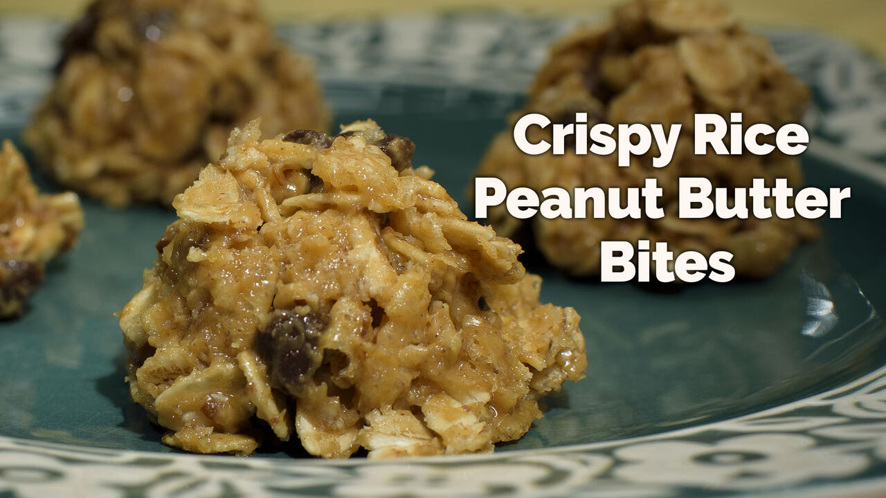 Four Crispy Rice Peanut Butter Bites made with oats, peanut butter, mini chocolate chips, crispy rice cereal, and honey sit on a small dark turquoise plate with a floral border.