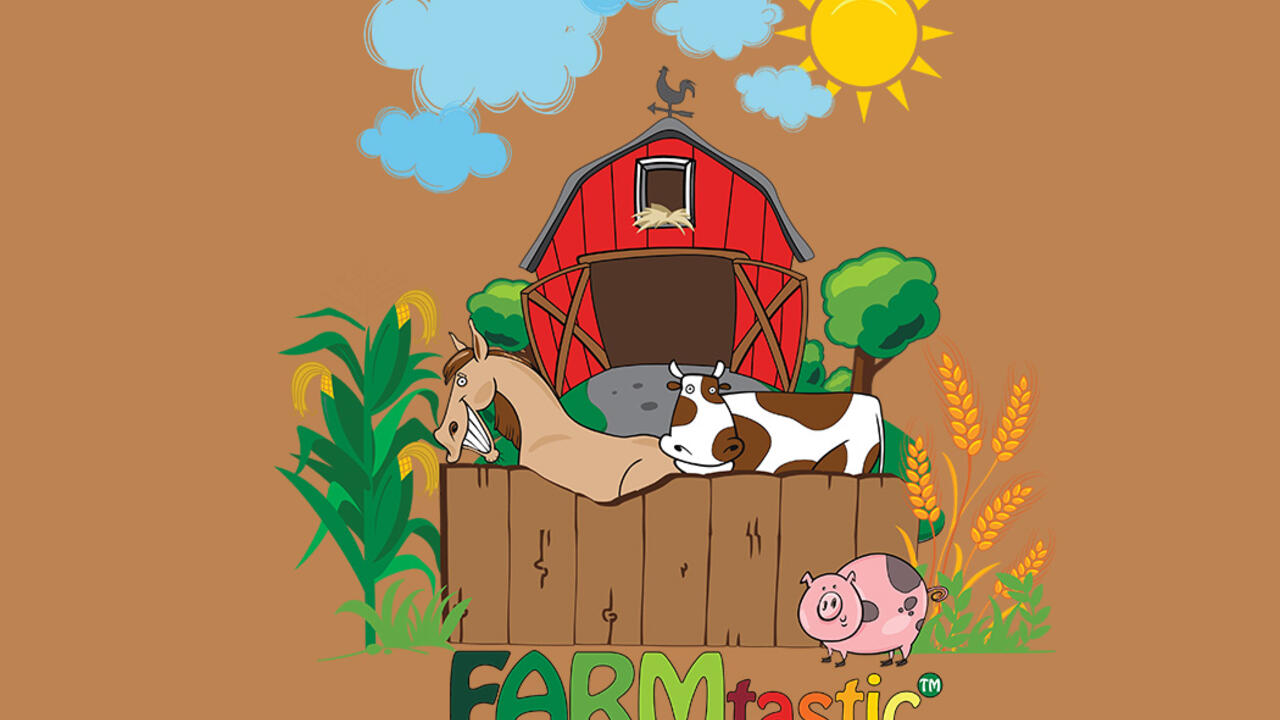 The FARMtastic logo depicts a red barn with a brown wooden fence and features a tan horse, a white and brown cow, a pink pig with gray spots, a corn plant on the left of the fence and a wheat plant on the right.