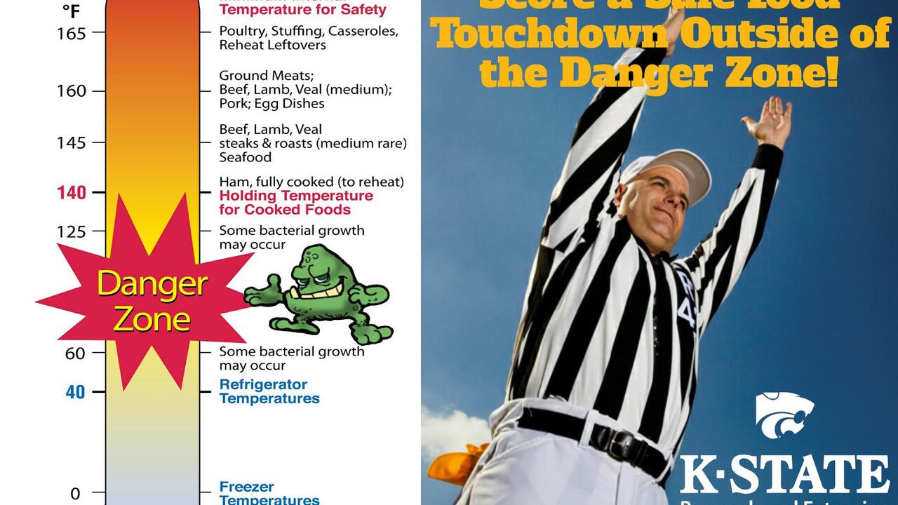 A football referee in a black and white striped shirt blows a whistle while another raises his arms to signal a touchdown. Another illustration uses a thermometer to depict the proper freezing, refrigeration, cooking and holding temperatures for food.