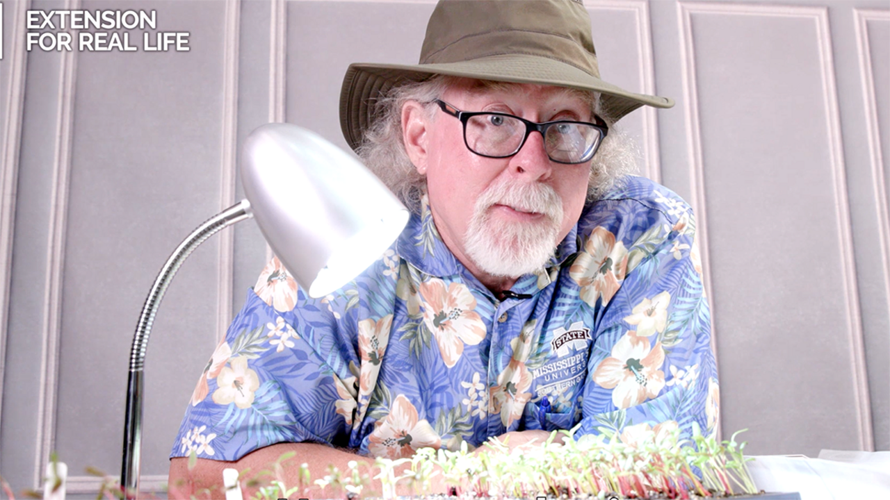 A man with a white goatee and dark-framed glasses leans on a table behind a small LED table lamp and a tray of seedlings. He wears a blue floral Hawaiian shirt and brown hat. 