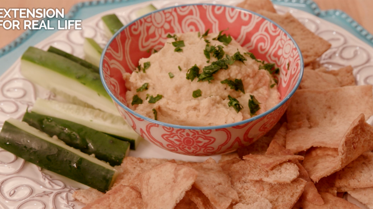 A plate with zuchinni, freshly baked chips, and a bowl of hummus in the center