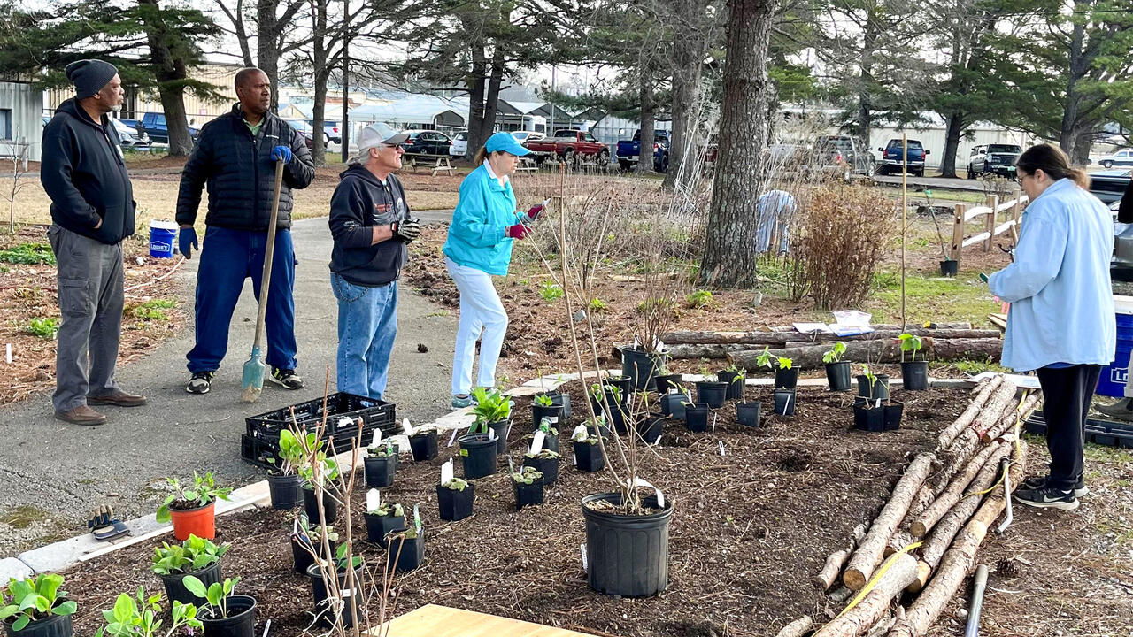 A small group of people work in a landscape.