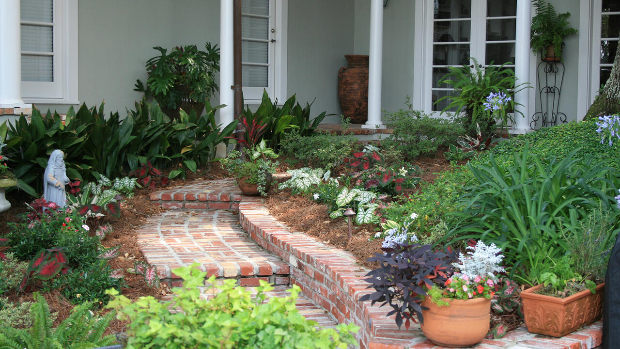 A curving brick walkway lined with plants leads up to a porch.