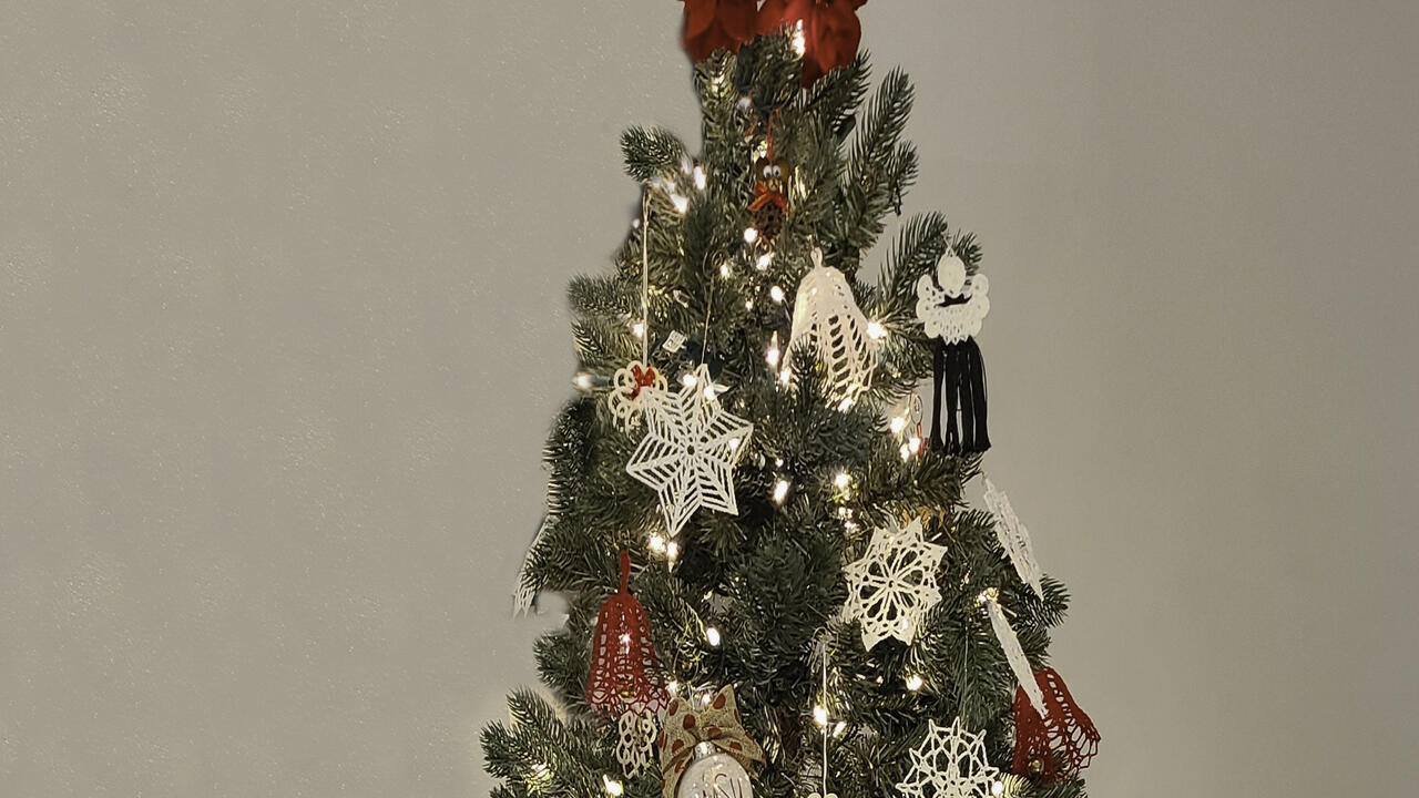 A Christmas tree is hung with red and white ornaments.