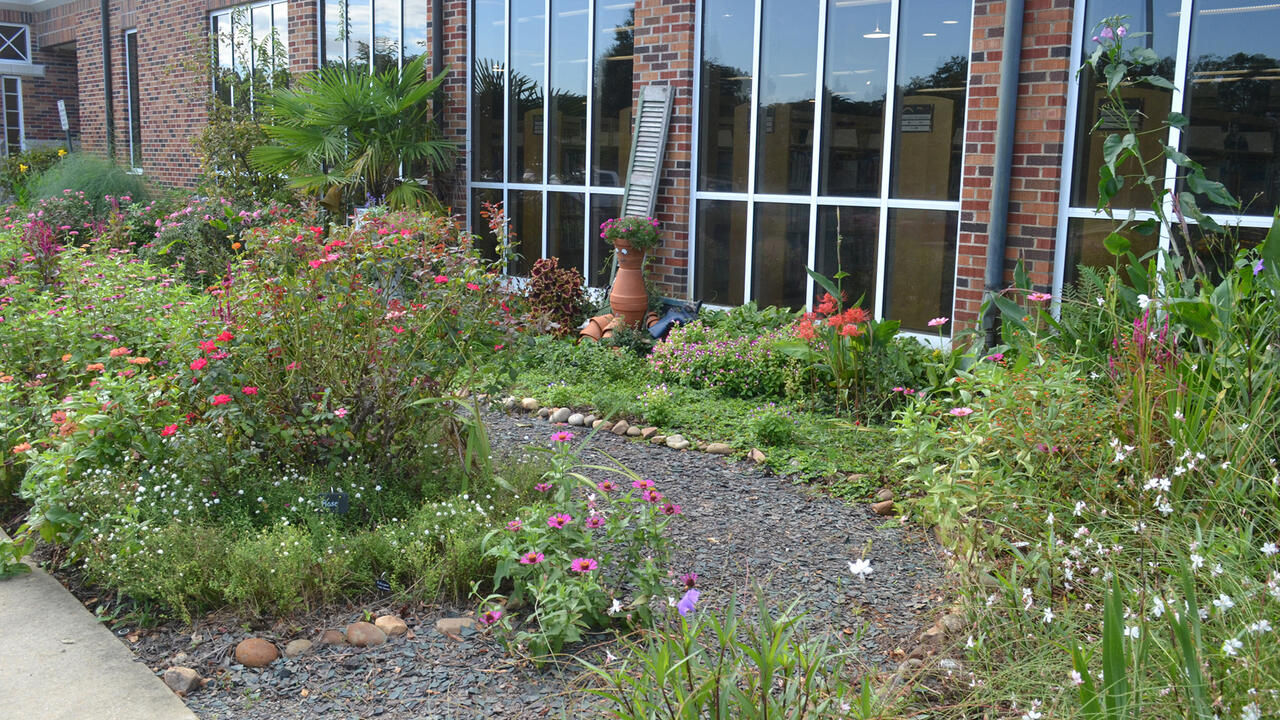 A gravel trail cuts through a garden in front of a building.