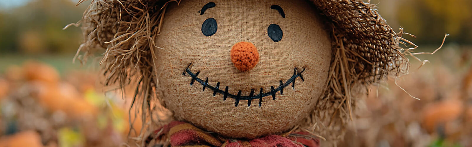 Scarecrow with a rustic outfit in a pumpkin patch during harvest season.