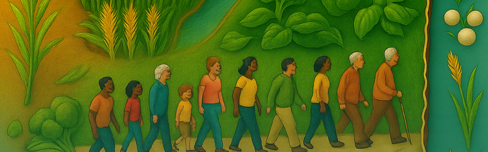 Illustrated map of Mississippi features people walking in green fields, fresh produce, and a setting sun.
