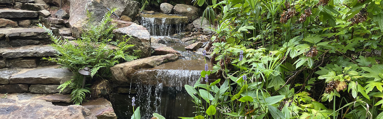 A small waterfall runs between stone steps and a lush landscape.