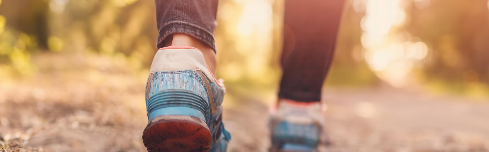 Close-up of woman’s legs hiking in the forest.