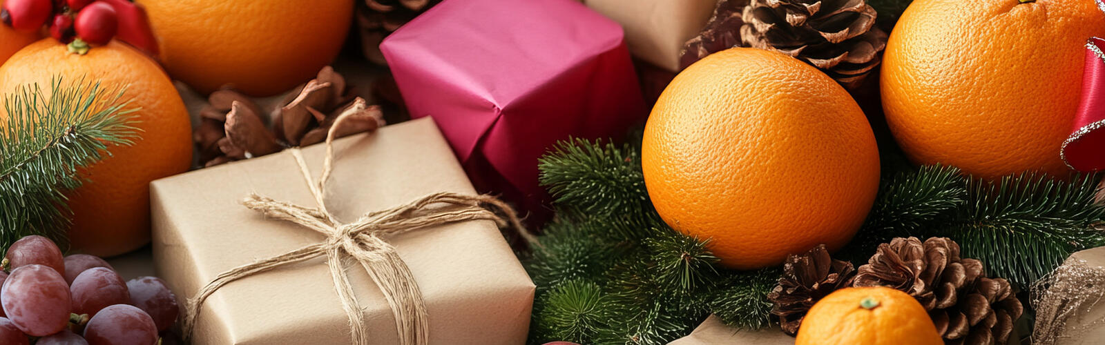 Fresh oranges, grapes and greenery arranged on a table surrounded by festive decorations and gifts, creating a warm holiday atmosphere with vibrant colors