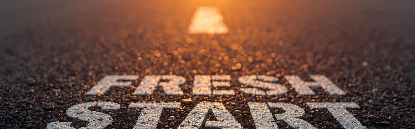 Asphalt road with "Fresh Start 2026" text written on the highway surface at sunset. Low angle view of a street against a golden sunrise.