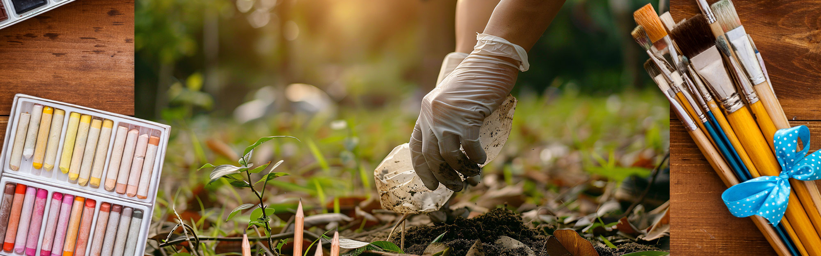 Art supplies around a photo of a hand picking up a piece of litter.