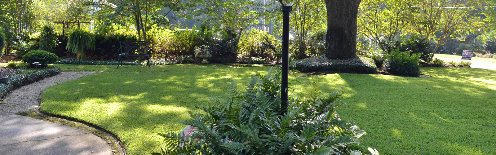 A lamp in a yard is surrounded by colorful plants.