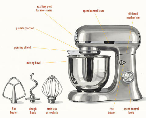 Stand mixer with labeled parts: rise button, speed control knob, tilt-head mechanism, speed control lever, auxiliary port for accessories, planetary action, pouring shield, mixing bowl, flat beater, dough hook, and stainless wire whisk.