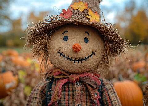 Scarecrow with a rustic outfit in a pumpkin patch during harvest season.