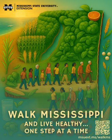 Walk Mississippi promotional graphic is an outline of the state of Mississippi filled in with various crops and people walking.