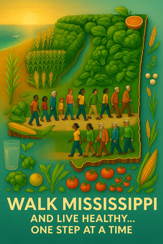 An AI-generated graphic of various crops making up a path with Walk Mississippi and Live Healthy... One Step At A Time at the bottom