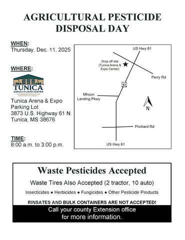 This map and flyer show the location and details of the Tunica County Waste Pesticide Disposal Event and what products will be collected that day. 