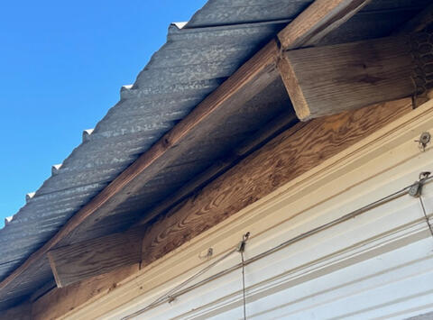 Wood purlin and truss tails under a metal roof.